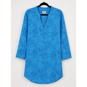 HIHO Linen Tunic Women XS Blue Floral Tropical Coastal Beachy Resortwear